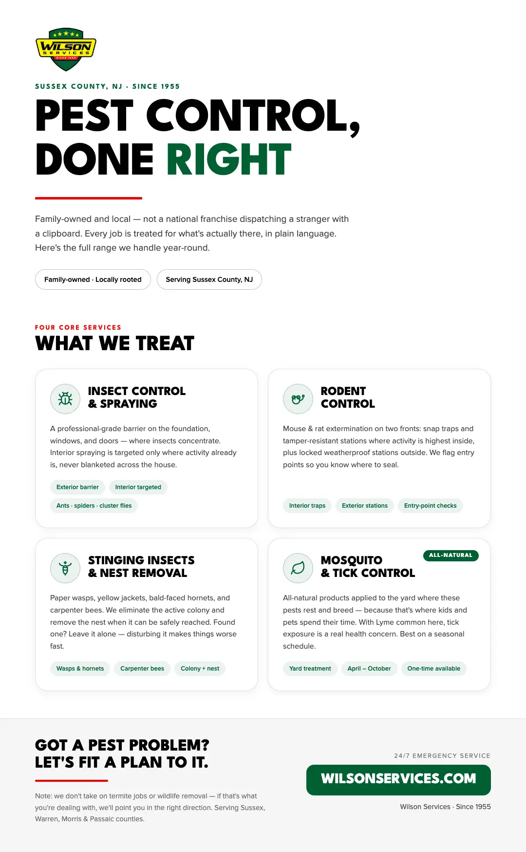 Wilson Services pest control infographic listing insect, rodent, stinging insect, and mosquito services in Sussex County, NJ